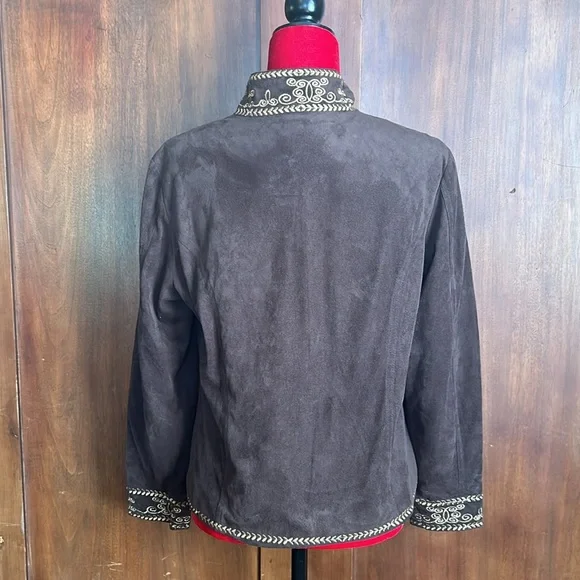 Vintage Chocolate Brown Microsuede Embroidered Jacket PM - Picture 2 of 11